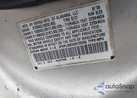 2006 Honda Odyssey Touring z USA, uszkodzony, nr VIN 5FNRL388X6B128556